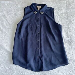 LOFT Navy Sleeveless Button Down Blouse with Jewel Collar